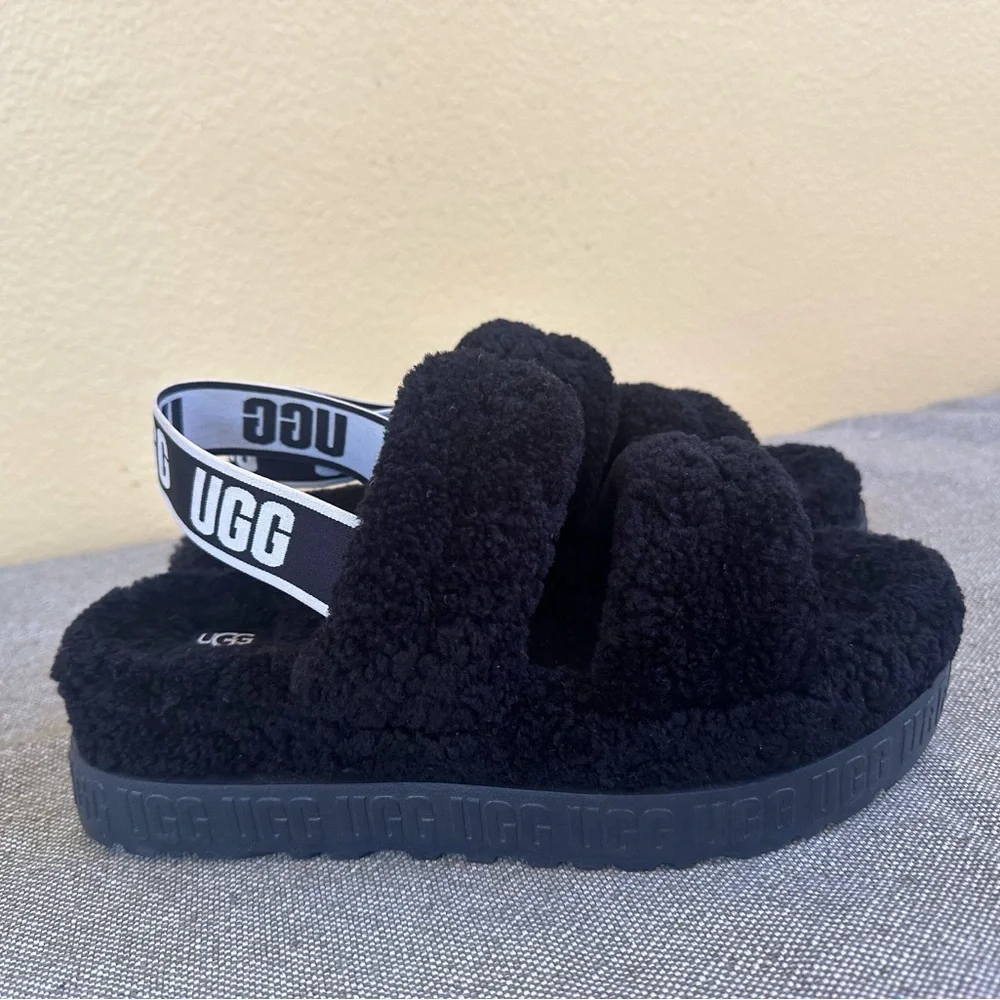 UGG “Oh Fluffita” Black Platform Slingback Slippers Size 10 Like New!